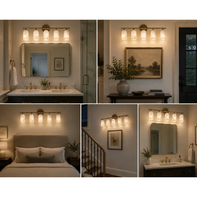 Handcrafted Brass 5-Light Vanity Sconce With Natural Alabaster Shades Bathroom Mirror Light, Modern Luxury Wall Lighting For Sale - Image 6 of 8