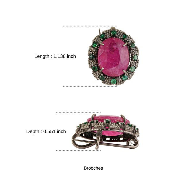 Designer 14.6 Ct Oval Ruby, Emerald & Diamond Ornate Medallion Brooch Pendant For Sale - Image 12 of 14