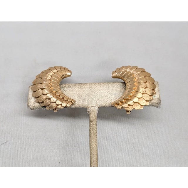 Trifari Vintage 1950s Signed Crown Trifari Goldtone Scaled Half Moon Clip Earrings-2 Pieces For Sale - Image 4 of 7