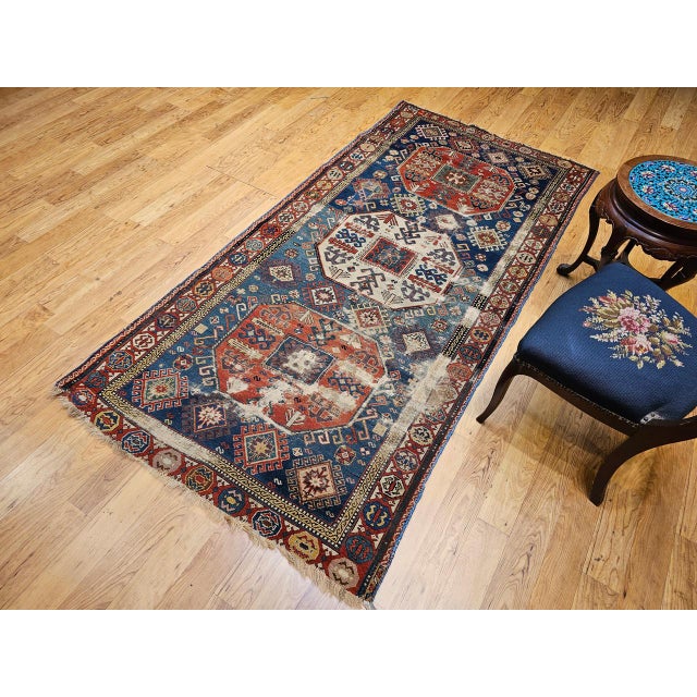Antique Caucasian Kazak Rug, Medallion Pattern, Hand-Knotted Wool, Blue & Red, 4' x 8' For Sale - Image 4 of 16