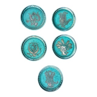 Mid 20th Century Swedish Gustavsberg Argenta Art Pottery Coasters, Set of 5, Turquoise Glazed With Silver Floral Motifs For Sale