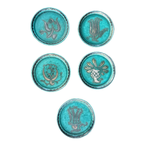 Mid 20th Century Swedish Gustavsberg Argenta Art Pottery Coasters, Set of 5, Turquoise Glazed With Silver Floral Motifs