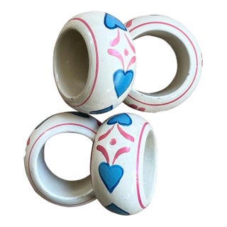 Hand Painted Pink and Blue Heart Napkin Rings - Set of 4 For Sale