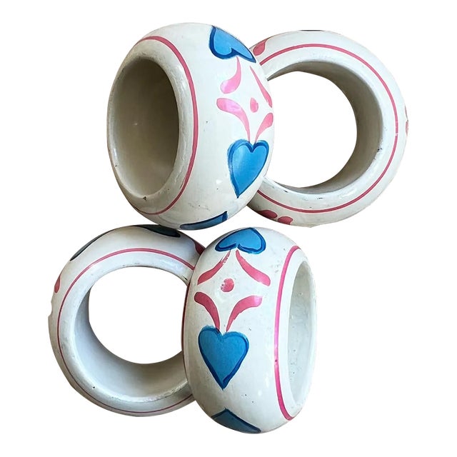 Hand Painted Pink and Blue Heart Napkin Rings - Set of 4 For Sale