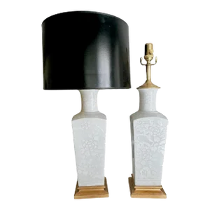 Pair Japanese Blanc De Shine Embossed Porcelain Table Lamps
