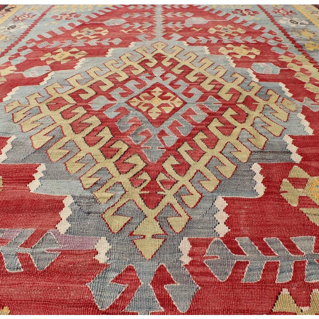 Textile Vintage Turkish Kilim Flat-Weave Rug With Geometric Design in Red, Yellow, Green For Sale - Image 7 of 12