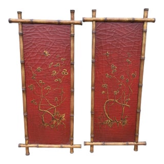 Pair of Signed Gustav Carroll Bamboo Hand Painted Red & Gold Chinoiserie Panels For Sale