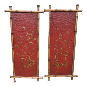 Pair of Signed Gustav Carroll Bamboo Hand Painted Red & Gold Chinoiserie Panels