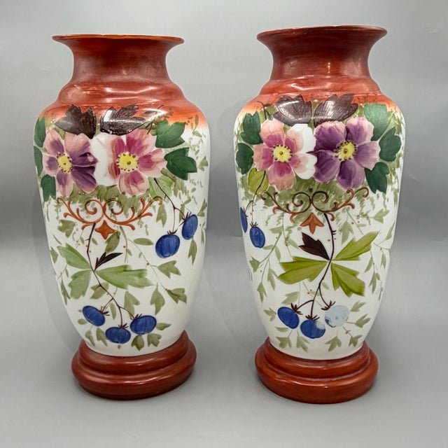 A highly decorative matching pair of late 19th-century Victorian hand-blown opaline milk glass statement vases (circa...