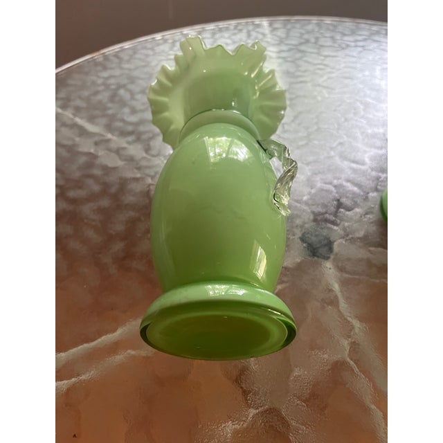 Fenton Art Glass Company Vintage Fenton Mint Green Pair of Ruffled Vases For Sale - Image 4 of 5