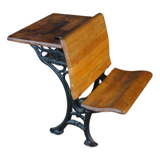 Antique Victorian 1880s "Fashion" Cast Iron & Maple School Desk Sidney Ohio For Sale
