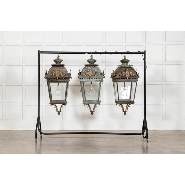 Circa late 20thc large french 19thc style bronze & iron lantern the bottom section can be removed to reduce the height by...
