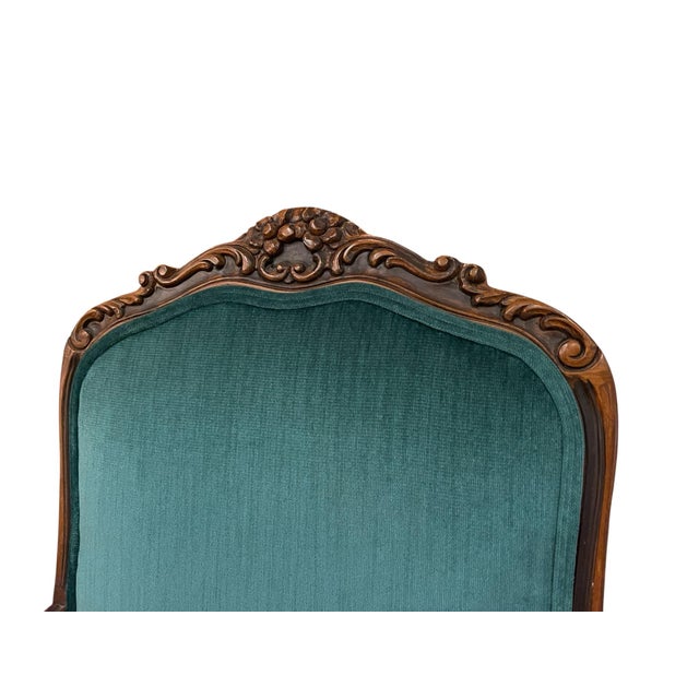 Emerald Louis XV Style Carved Walnut Armchairs in Emerald Velvet, a Pair For Sale - Image 8 of 12