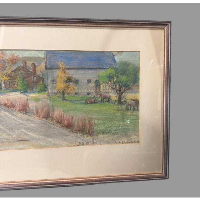 American Vintage Countryside Landscape Framed Pastel Watercolor Painting W Cows For Sale - Image 3 of 6
