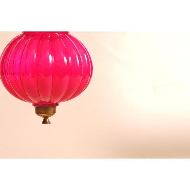 Glass Indian Rajasthani Style Pumpkin-Shaped Pink Hand-Blown Glass Lantern with Brass Accents, 1970s For Sale - Image 7 of 9