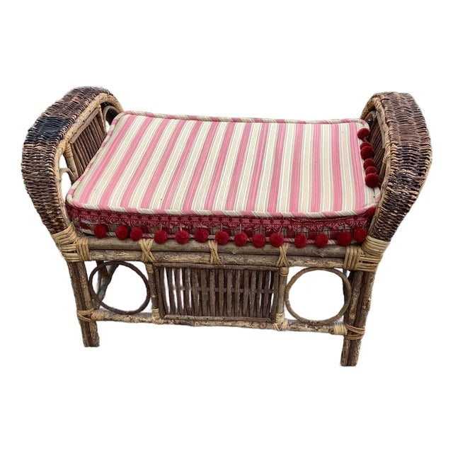 1930s Bohemian Rattan and Bamboo Bench For Sale