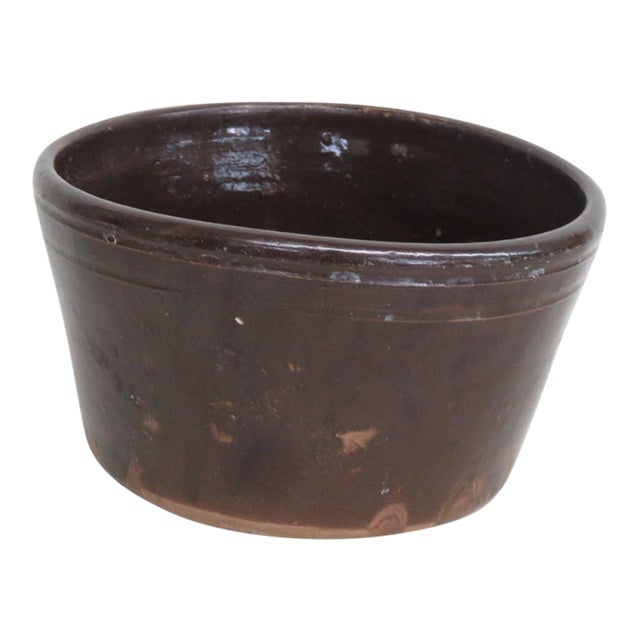 1899 Handmade Pottery Dish Dark Brown Glaze Salt Crock Bowl With Lip For Sale