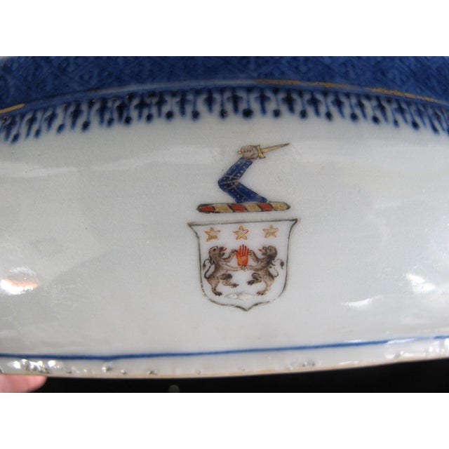 Chinese Export Canton Blue Nanking Village Armorial Porcelain Serving Bowl For Sale - Image 4 of 14