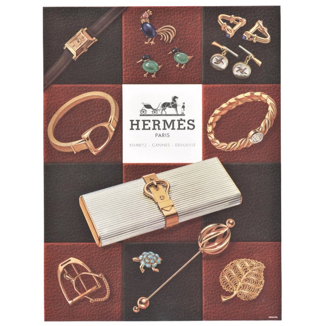 Pair-Vintage Mid-Century Hermes Jewelry Advertising Prints, Matted For Sale