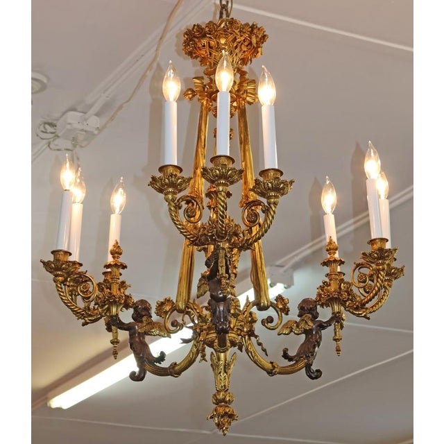 Metal Late 19th Century French Belle Epoque Bronze Putti Cherub 9 Light Chandelier For Sale - Image 7 of 18