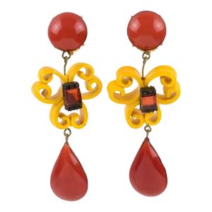Cilea Paris Dangle Baroque Resin Pair of Clip Earrings Saffron and Pumpkin