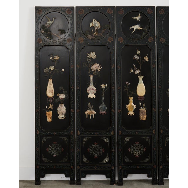 Chinese Six-Panel Carved Hardstone Lacquered Coromandel Screen For Sale - Image 4 of 12