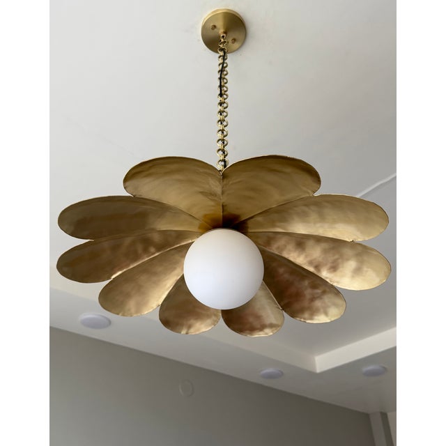 Not Yet Made - Made To Order Pure Brass Handmade Pendant Light, Brushed Brass Flower Chandelier, Milk Glass Globe Pendant Lamp, Floral Lighting Fixture For Sale - Image 5 of 9