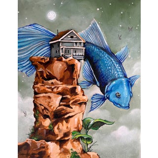 Just Outside by Patrick Maxcy | Acrylic on canvas Fish with a house flying over a rocky landscape. For Sale