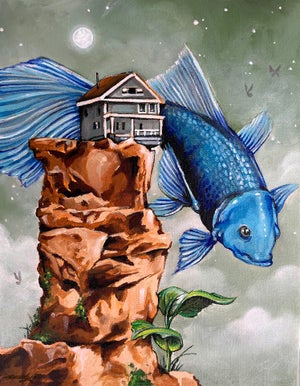 Just Outside by Patrick Maxcy | Acrylic on canvas Fish with a house flying over a rocky landscape.