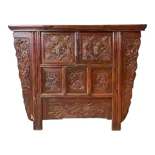 Late 19th Century Antique Chinese Qing-Style Elm Wood Carved Cabinet For Sale