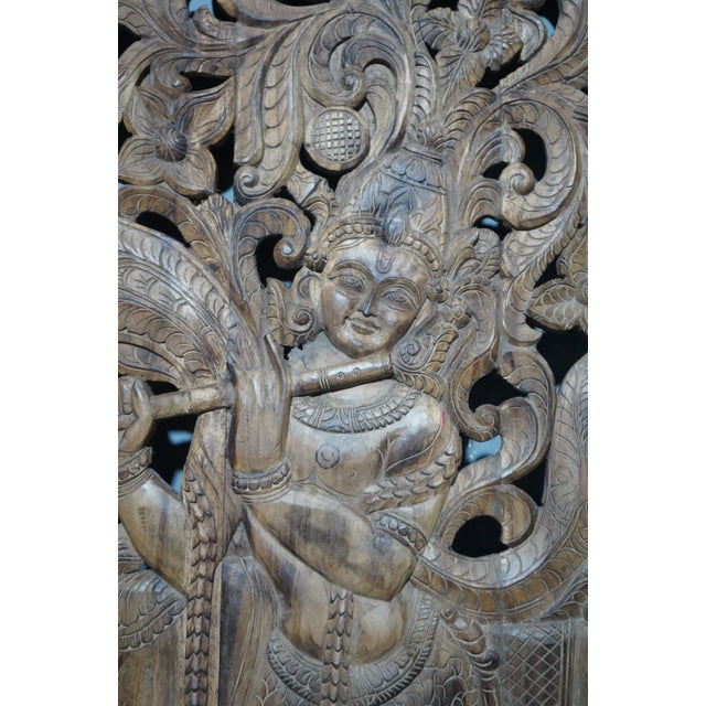 Wood Antique Indian Hand-Carved Krishna Solid Wood Barn Door | Architectural Wall Panel 72x36 For Sale - Image 7 of 8