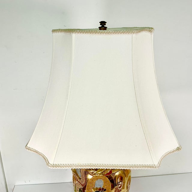 Japanese Vintage Hand Painted Japanese Satsuma Moriage Ironstone Table Lamp With Raised Relief Dragon For Sale - Image 3 of 17