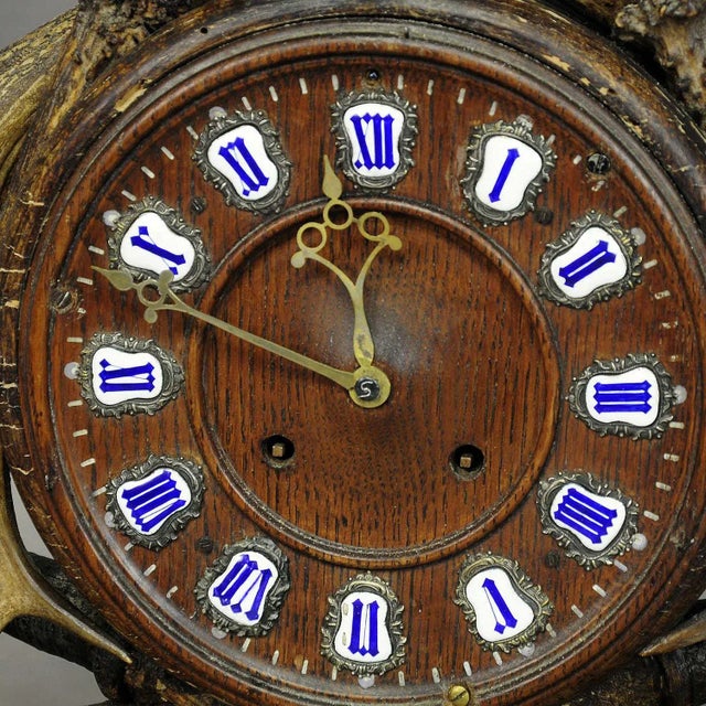 Wood Circa 1900 Great Lodge-Style Black Forrest Antler Mantel Clock For Sale - Image 7 of 9