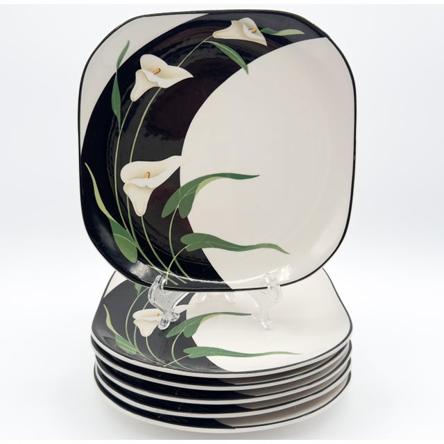 Late 20th Century Sango Quadrille Semi-Porcelain Black Lilies #5101 Snack Plates, Made in Korea- Set of 6 For Sale In San Diego - Image 6 of 12