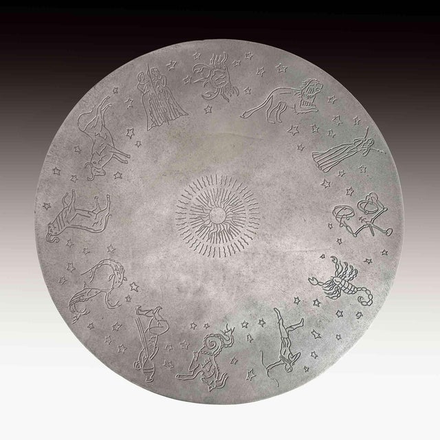 Antique French round zodiac occasional table. Upper section is aluminum with cast iron base. Antique 19th century table...