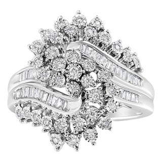 10K White Gold 1/2 Cttw Round and Baguette-Cut "S" Shaped Bypass Cocktail Ring (I-J Color, I1-I2 Clarity) - Size 7 For Sale