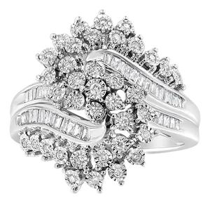 10K White Gold 1/2 Cttw Round and Baguette-Cut "S" Shaped Bypass Cocktail Ring (I-J Color, I1-I2 Clarity) - Size 7