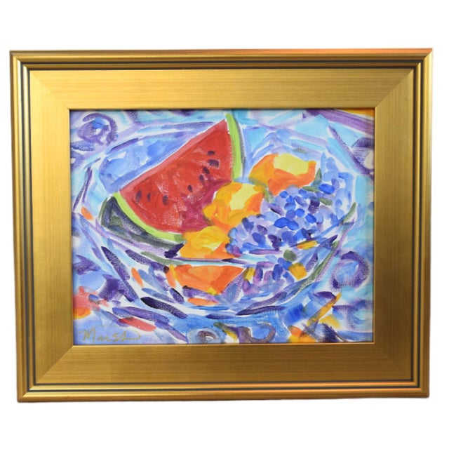 2020s Post-Impressionist Bowl of Colorful Fruit Painting Including the Antiqued Gold Wood Frame For Sale - Image 5 of 5