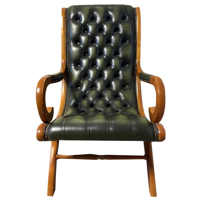 Set of Mid-Century Modern Green Leather Armchair with Ottoman, 1960s For Sale