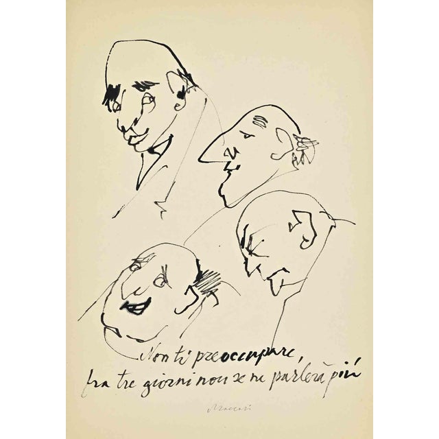 Mino Maccari, Italian Politicians, Ink Drawing, 1960s For Sale