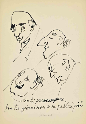 Mino Maccari, Italian Politicians, Ink Drawing, 1960s