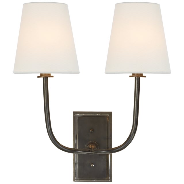 Thomas O'Brien for Visual Comfort Signature Hulton Double Sconce in Bronze with Crystal Backplate with Linen Shades For Sale