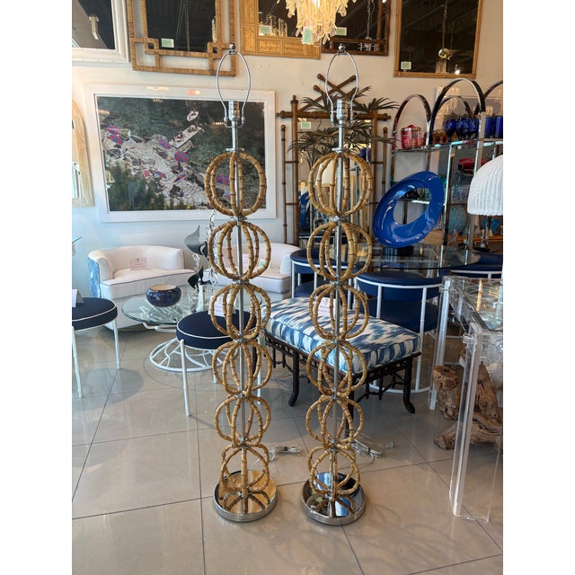 Vintage Modern Italian Bamboo & Chrome Floor Lamps Newly Wired - Pair For Sale - Image 12 of 13