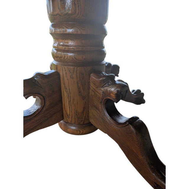 Antique Carved Oak Lion Head Pedestal Dining Table With 3 Leaves - 42" to 69" For Sale - Image 11 of 16