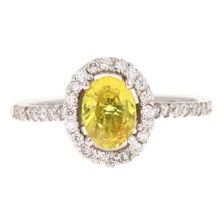 1.71 Carat Yellow Sapphire Diamond Halo Ring 14 Karat White Gold, Size 7 For Sale