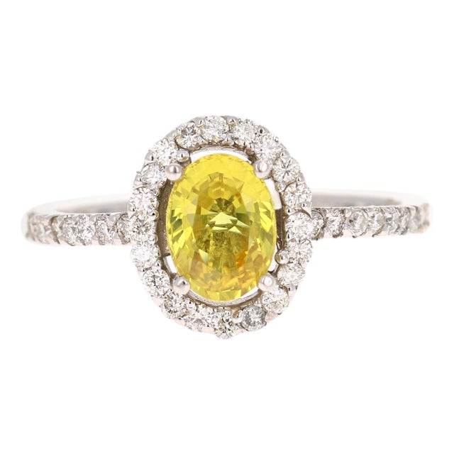 1.71 Carat Yellow Sapphire Diamond Halo Ring 14 Karat White Gold, Size 7 For Sale