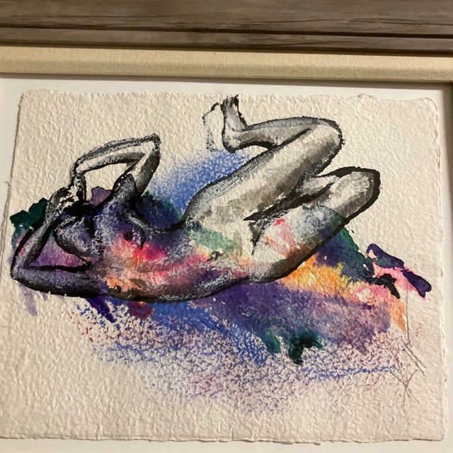 Original 9.5 x 11.5 painting on rough edged paper laid down on mat board unsigned Overall size with frame with linen liner...