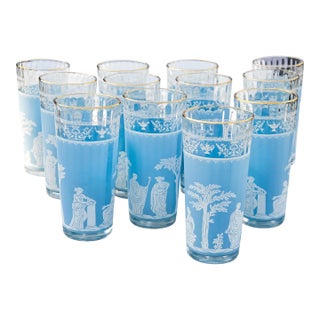 Mid 20th Century Handblown Blue Greco-Roman Patterned Tall Glasses- S/12 For Sale