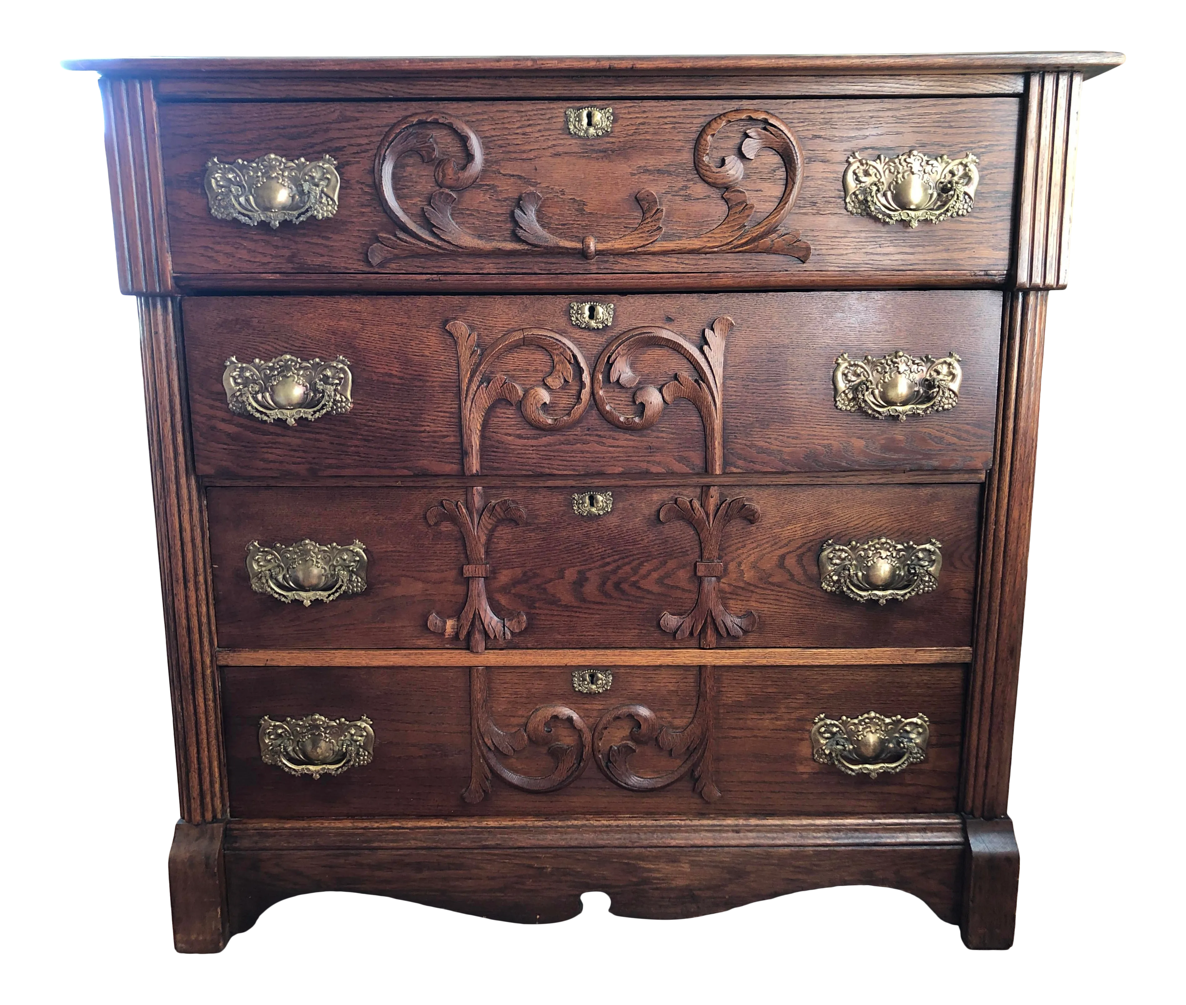 Antique Eastlake Oak Four Drawer Walnut Stain Dresser With Relief and  Original Brass Hardware | Chairish