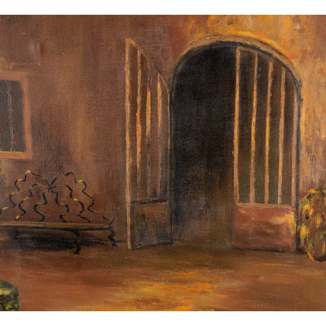 American Courtyard With Fountain - Interior Landscape in Oil on Canvas by Muriel Kittock For Sale - Image 3 of 8